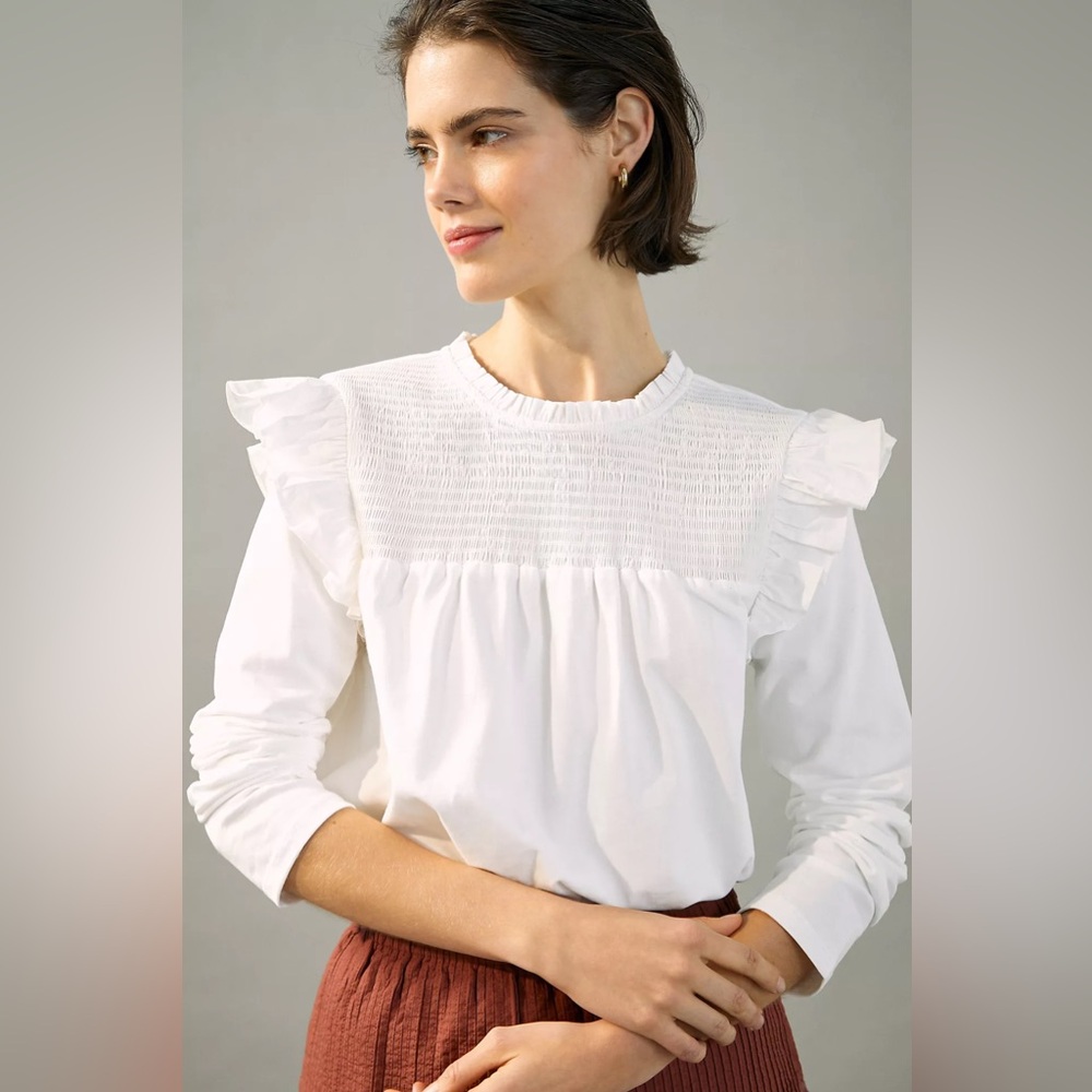 Anthropologie White Susie Ruffled Smocked Long Sleeve Top
